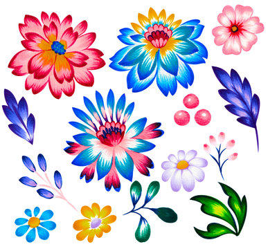 set of folk floral elements, flowers and leaves.