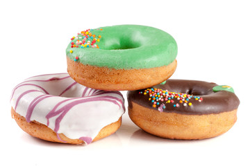 three glazed donut isolated on white background