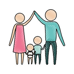 color crayon silhouette pictogram parents holding hands up and baby girl and boy in the middle of them vector illustration