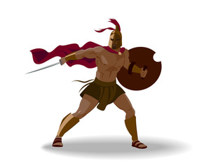 Angry spartan warrior with armor and hoplite shield holding a sword
