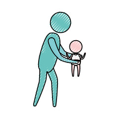 color crayon blue silhouette pictogram side view man carrying little baby vector illustration