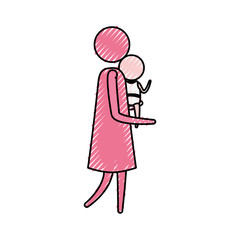 color crayon pink silhouette pictogram side view woman with little baby in arms vector illustration