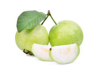 two whole and slice of guava fruit with green leaf isolated on white background