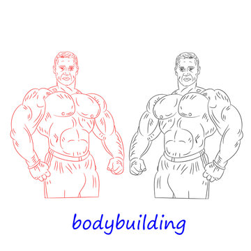 Male bodybuilder drawing in pencil (red and black), silhouette on white background.