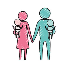 color crayon silhouette pictogram parents with a baby boy and girl carrying vector illustration