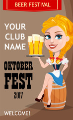 Oktoberfest club invitation with sexy redhead girl sitting on barrel and holding beer. Vector illustration on brown background.