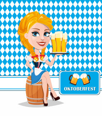 Oktoberfest flyer with sexy redhead girl sitting on barrel and holding beer. Vector illustration on traditional background