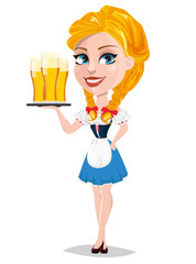 Oktoberfest vector illustration with sexy redhead girl holding tray with three glasses of beer. Cartoon character standing half turned.
