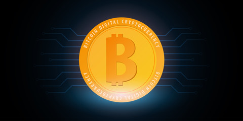 Bitcoin. Digital Cryptocurrency Mining Farm. Technology banner.