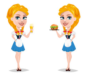 Oktoberfest vector illustration with sexy redhead girl holding cheeseburger and lady standing with beer. Cartoon character.