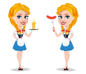Oktoberfest vector illustration with sexy redhead girl holding sausage on fork and lady standing with beer.