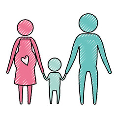 color crayon silhouette pictogram couple parents with mother pregnancy and little boy holding hands vector illustration