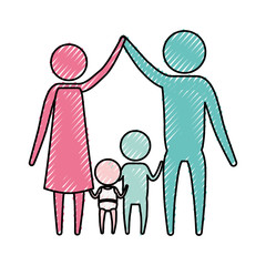 color crayon silhouette pictogram couple parents holding hands up and baby girl and boy in the middle of them vector illustration