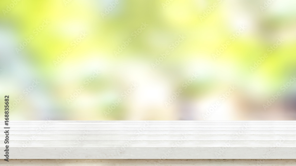 Aufkleber empty white wood plank table top with green blur nature background and sun light,mock up for display