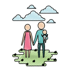 Naklejka premium color crayon silhouette sky landscape and grass with pictogram man carrying a baby and holding hand woman vector illustration