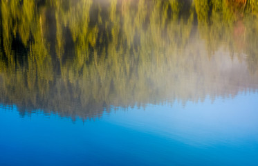 lake surface reflecting spruce forest and sky