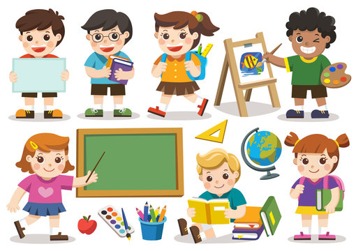 Back to school. Set of adorable student study in school. Isolated vector