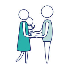 color blue silhouette of sections pictogram woman carrying a baby and holding hands of man in clothes vector illustration