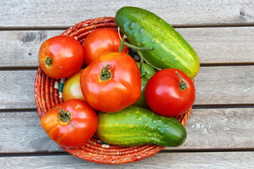 Red ripe Tomatoes and cucumber in a basket on a wooden background