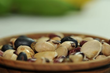 Soy beans, Red beans, black beans, Peanut, and green beans with the health benefits of whole grain.