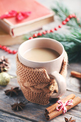 Cup of hot chocolate on wooden table