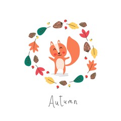 Cute illustration. Cartoon squirrel in the autumn wreath.