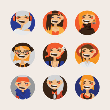 Vector set with female hipster avatars smiling and watching at spectator in circles. Bright characters with various hairstyle and clothes, hats and coloring.