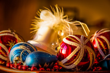 ornament ball. festive still life.Christmas greetings card. Colorful Christmas ornaments, Christmas balls.Magic holiday lights. Merry Christmas and a Happy New Year