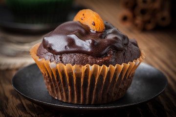 Freshly baked chocolate muffins.