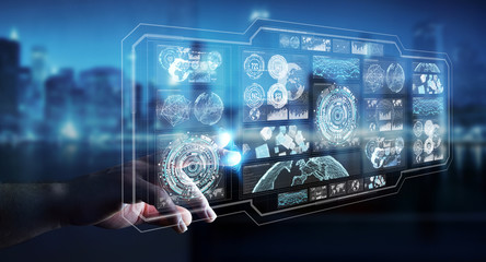 Businessman using digital screens with holograms datas 3D rendering