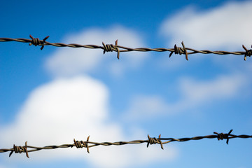Barbed wire. Barbed wire on fence with blue sky.