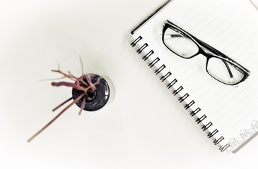 Top or flat lay view of eyeglass and notebook with flower decoration on white table background with copy space.