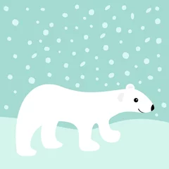Foto op Canvas Arctic polar white bear cub. Cute cartoon baby character. Snowdrift. Flat design. Winter blue background with snow flake. © worldofvector