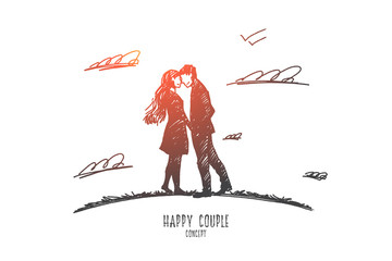 Happy couple concept. Hand drawn love couple embracing outdoors. Happy couple smiling and look at each other isolated vector illustration.