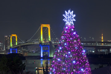 レインボーブリッジとレインボーブリッジとクリスマスツリーの夜景