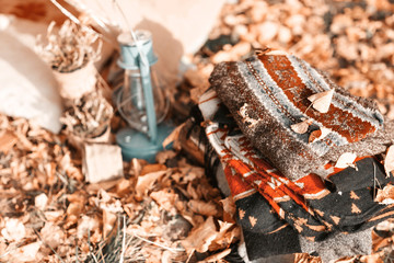 kerosene lamp. old tent in the autumn forest, home for adventure and travel