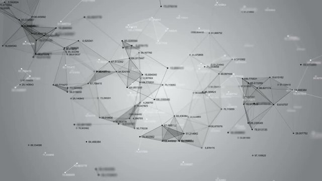 Geometric abstract composition with dots, lines, triangles, depth of field and random numbers. Beautiful black white plexus. Loop Animation.