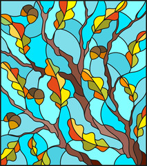 Naklejki  Illustration in stained glass style with oak branch with immature acorns and autumn leaves leaf on blue background
