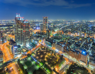 Naklejka na ściany i meble Cityscape of Tokyo city, japan. Aerial skyscraper view of office building and downtown of tokyo city background. Tokyo is metropolis and center of new world's modern business, Shinjuku, Tokyo, japan