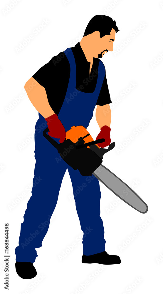 Wall mural Lumberjack with chainsaw vector illustration isolated on white background.