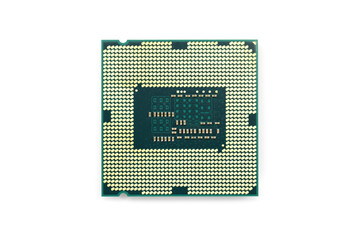 Image of CPU microchip on white isolated background. Electronic circuits. Computer hardware