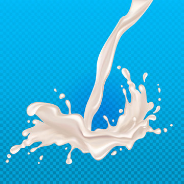 Milk splash. Realistic white drops with splashes isolated on transparent blue background. Natural dairy products. Vector illustration 