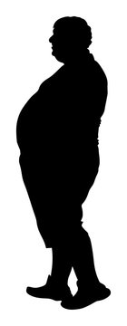 Very fat person walking, vector silhouette illustration. Fat man is worried about health, silhouette isolated. Overweight man.