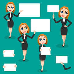 Set of woman points to a blank card. Please insert your text. Place for your text, empty banner, Signboard, advertisement, blank card, information. Flat design.  Vector illustration 