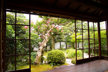 Vew of Japanese traditional garden through an old house's windows at Matsue city in Shimane, Japan
