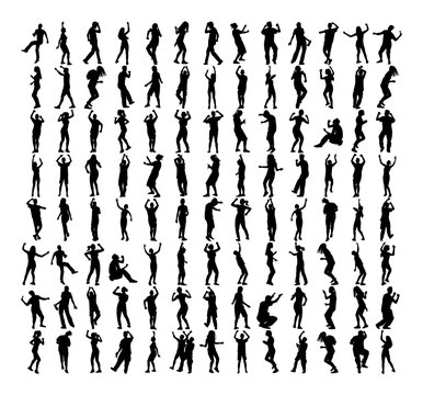 Big group of Modern style dancers vector silhouette illustration isolated on white. Sexy hip hop lady. Gangsta rap. Set of Dancer people, girls and boys. Nightlife party concept. Disco club event.
