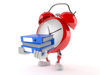 Obraz na płótnie Canvas Alarm clock character carrying ring binders