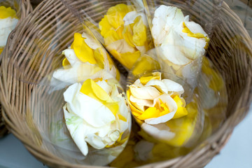 rose petals in basket prepare for use in wedding ceremony, select focus