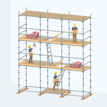 Multi-level scaffolding with workers on them. Vector illustration.