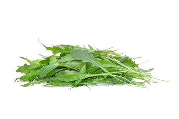pile of wild rocket or arugula green leaves isolated on white backbground